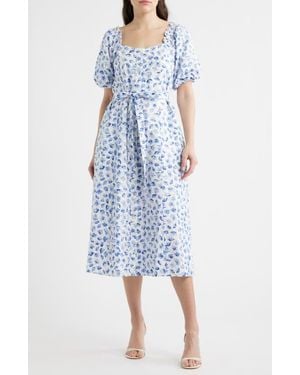 Cece Floral Puff Sleeve Cotton Midi Dress - Blue