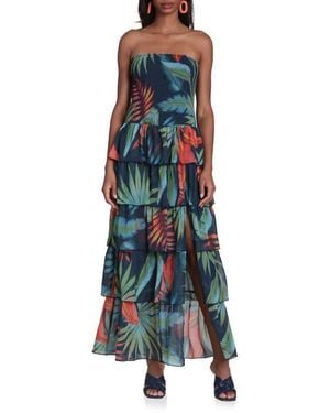 Avec Les Filles Mixed Print Strapless Tiered Maxi Dress - Multicolor