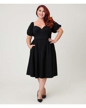 Unique Vintage Plus Size Sweetheart Puff Sleeve Swing Dress - Black