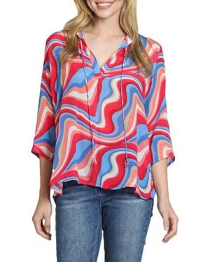 Apny Print Tassel Split Neck Chiffon Top - Red