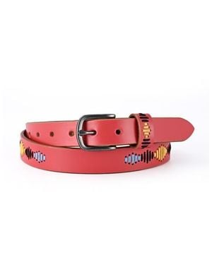Old Trend Boho Genuine Leather Stitched Perforated Detail Belt - Red