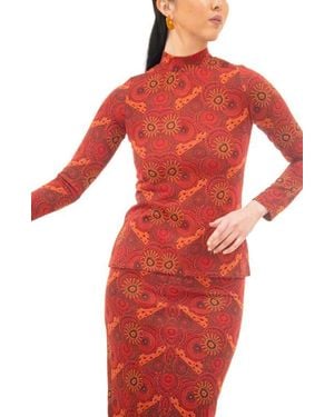 KAHINDO Algiers Geo Print Mock Neck Shirt - Red