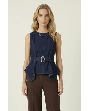 Modenaire Belted Denim Peplum Top - Blue