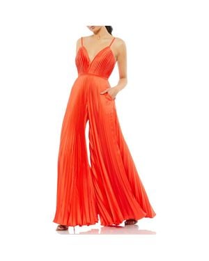 Mac Duggal Pleated Plunge Neck Wide Leg Jumpsuit - Red