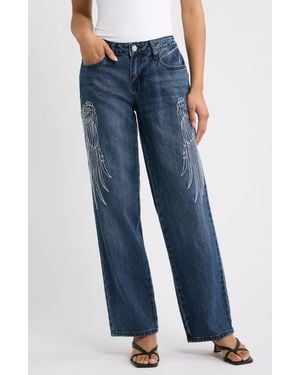 YMI Britney Wing Embroidered Wide Leg Jeans - Blue