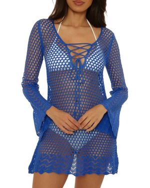 Becca Treasure Island Long Sleeve Reversible Open Knit Cover-Up Tunic - Blue