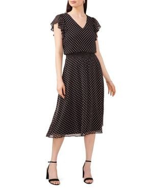 Chaus Polka Dot Smock Waist Flutter Sleeve Midi Dress - Black