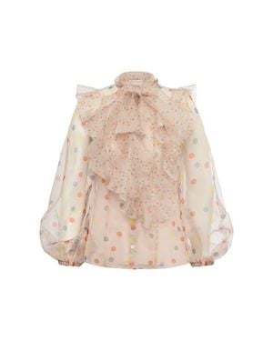 Maison Common Printed Silk Organza Blouse With Flounces Polka Dot Print - Natural