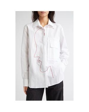 KÚR Hand-Embroidered Face Side Profile Oranbic Cotton Button-Up Shirt - White
