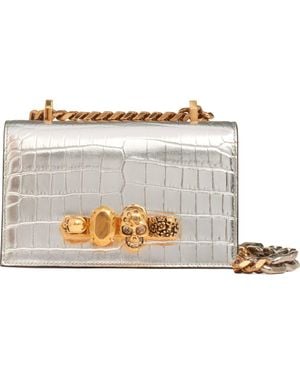 McQueen Mini Jeweled Croc Embossed Leather Satchel - White