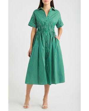En Saison Stripe Drawcord Waist Shirtdress - Green