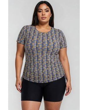 Calypsa Plus Size Short Sleeve Adele Swim Top And Mid-Thigh Swim Shorts Set - Gray