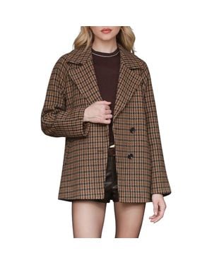 Avec Les Filles Relaxed Plaid Raglan Double Breasted Short Coat - Brown