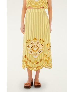 FARM Rio Stripe Eyelet Midi Skirt - Yellow
