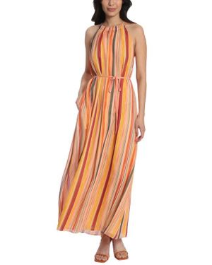 Maggy London Metallic Stripe Halter Neck Maxi Dress - Orange