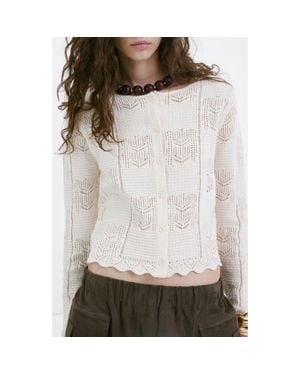 Mango Pointelle Crop Cotton Blend Cardigan - White