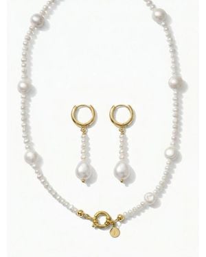 Joey Baby Aaa Freshwater Pearl Strand Necklace & Pearl Drop Hoop Earring Set - White