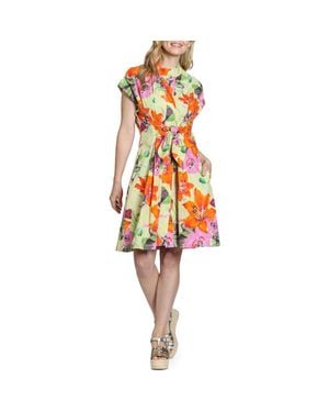 Apny Floral Print Belted A-Line Dress - Red