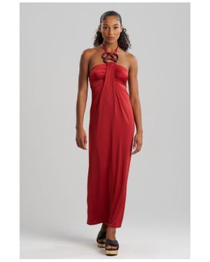 Natori Solid Jersey Halter Dress W/ Hand Carved Wood Rings - Red