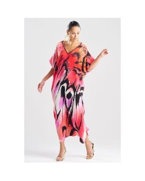 Natori Butterfly Linen Blend Caftan W/ Beading - Red