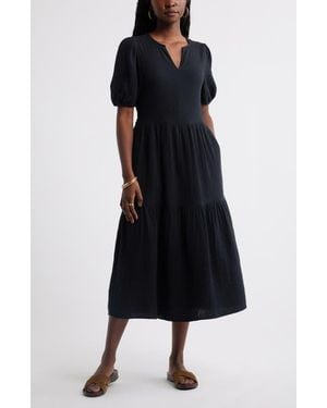 Caslon Puff Sleeve Tiered Cotton Gauze Midi Dress - Black