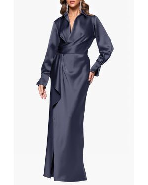 Xscape Evenings Collar Long Sleeve Satin Gown - Blue