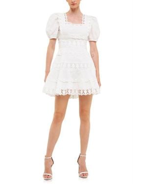 Endless Rose Lace Puff Sleeve Cotton & Linen Minidress - White