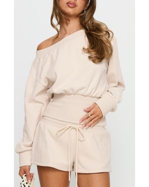 Princess Polly Cassey Off The Shoulder Slouchy Sweatshirt - Natural