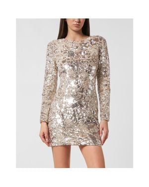 Philipp Plein Embroidered Long-Sleeved Mini Dress Crystal Skull - Gray