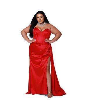 Johnathan Kayne for Sydneys Closet Plus Size Fringe Off The Shoulder Corset Satin Gown Over Skirt Slit - Red