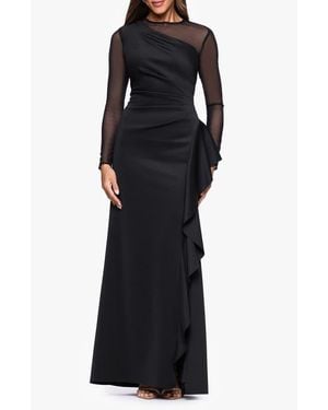 Xscape Evenings Mesh Long Sleeve Ruffled Scuba Gown - Black