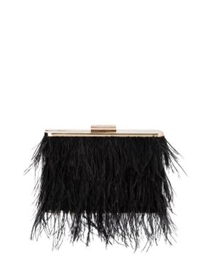 OLGA BERG Ostrich Feather Embellished Clutch - Black