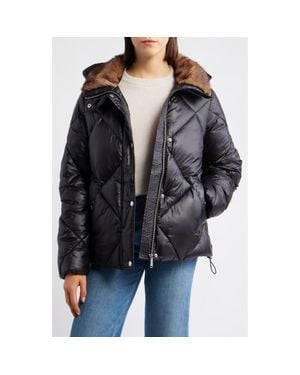 Sam Edelman Diamond Quilted Puffer Jacket With Faux Fur Hood - Black