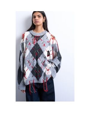 TOPSHOP Oversize Distressed Argyle Stitch Sweater - Blue