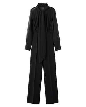 Mango Diamante Detail Mixed Media Long Sleeve Jumpsuit - Black