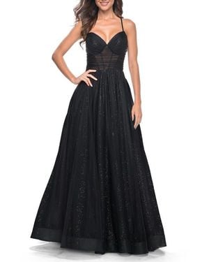 La Femme A-Line Prom Dress With Sequin Lining And Illusion Top - Black