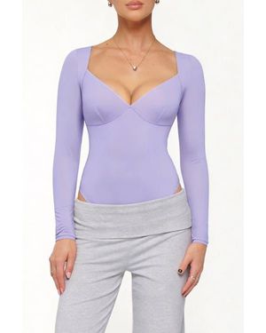 Popilush Shapewear Long Sleeve Tummy Control V Neck Bodysuit - Purple