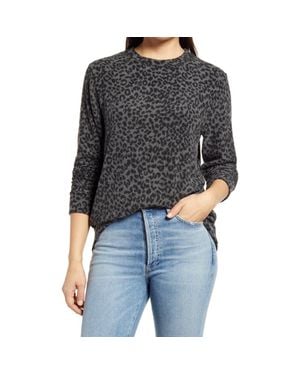 Loveappella Brushed Leopard Print Long Sleeve Crewneck Top - Black