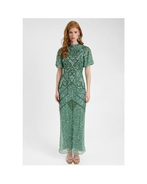 Beauut Embellished Sequin Beaded With Short Flutter Sleeves Maxi Dress - Green