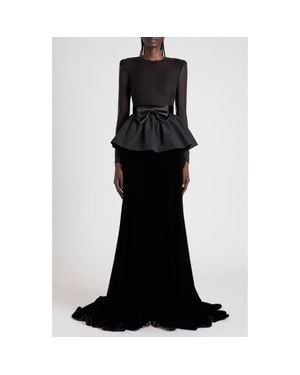 Valentino Bow Detail Long Sleeve Chiffon, Faille & Sablé Velvet Gown - Black