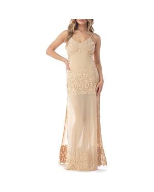 Sky Embroidered Lace Detail Mesh Maxi Dress - Natural