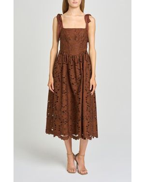 Wayf Kassi Floral Embroidered Tie Shoulder Cotton Midi Dress - Brown