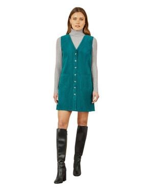 Yumi' V-Neck Cord Pinafore Dress - Blue