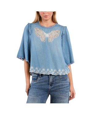 Billy T Lady Butterfly Lace Trim Chambray Top - Blue