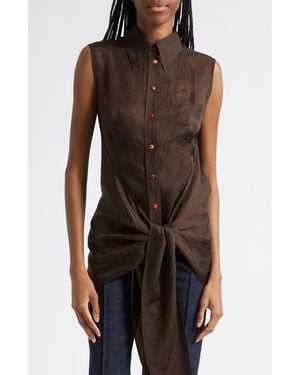 OSSOU Ranger Sleeveless Tie Front Crinkle Satin Button-Up Shirt - Brown