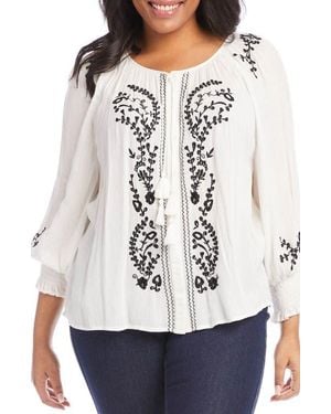 Karen Kane Embroidered Tie Neck Button-Up Peasant Top - White