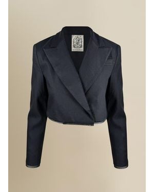 Contessa Mills Morgaine Cropped Linen Lace-Trim Blazer - Blue