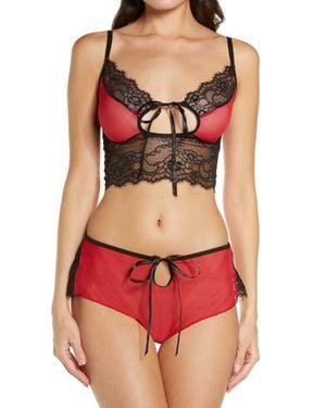 Coquette Lace & Mesh Longline Bralette & Boyshorts Set - Red