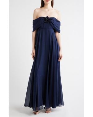 Sachin & Babi Rebecca Rosette Detail Off The Shoulder Silk Chiffon Gown - Blue