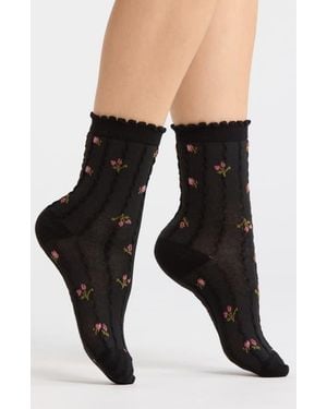 BP. Pretty Floral Crew Socks - Black